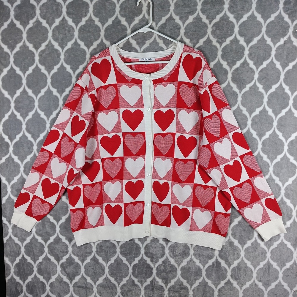 NorthStyle Cardigan Women 2X Red White Heart Checkered Plus Size Valentine